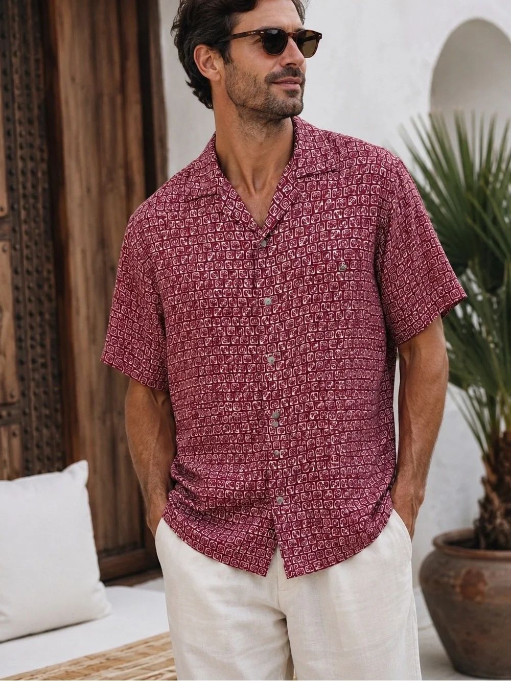 Burma Bibas Silk Camp Shirt Red Geometric Print Button Front Men’s L Vintage